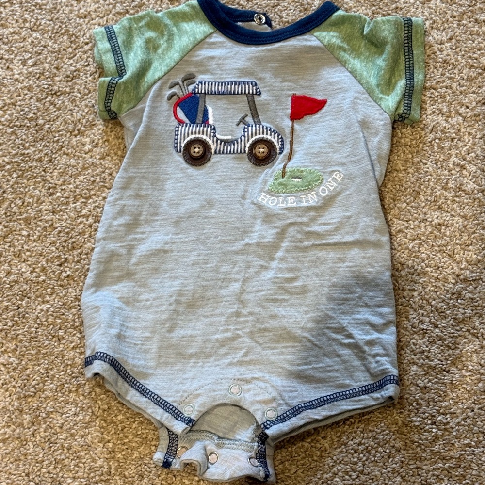 Mud Pie Baby Blue & Green Golf Cart Appliqué One-Piece